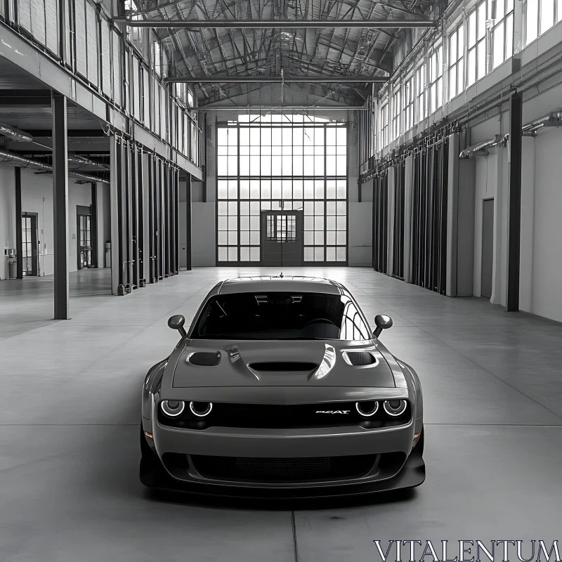 Modern Muscle Car in Spacious Warehouse AI Image