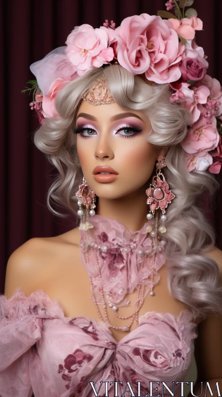 Extravagant Rococo-inspired Woman with Pink Flowers and Pearls AI Image