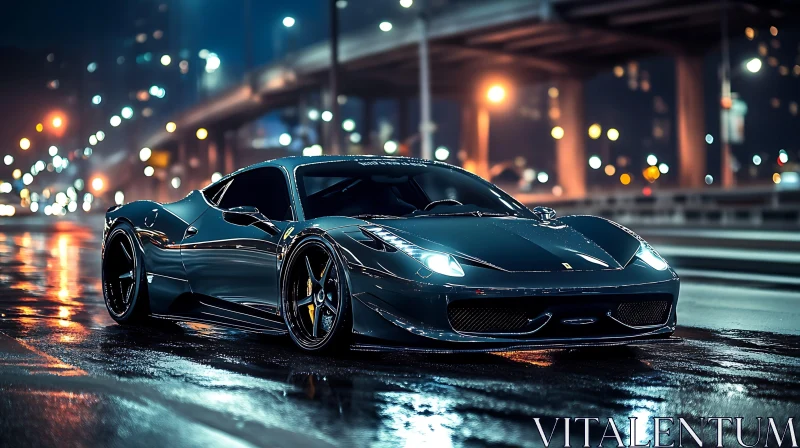 Luxury Sports Car in Urban Nightscape AI Image