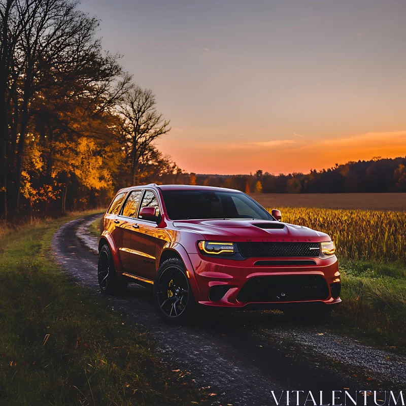 Powerful Red SUV Amidst Autumn Scenery AI Image