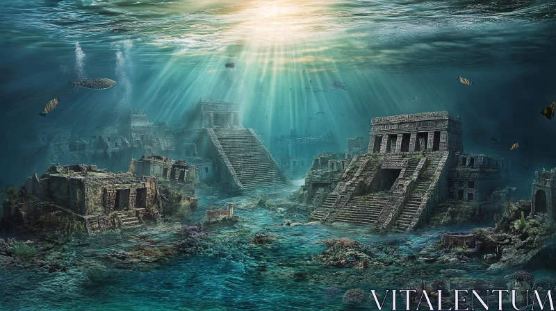 Submerged Ancient City with Ruins and Sea Creatures AI Image