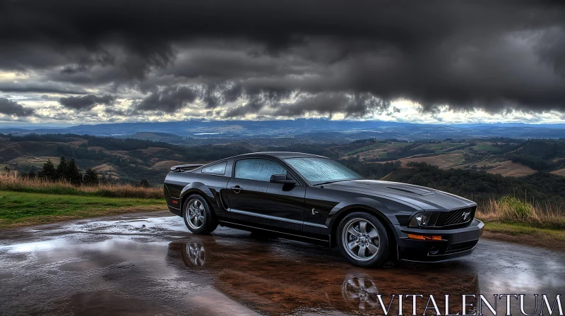 Sporty Black Car Amidst a Stormy Countryside AI Image