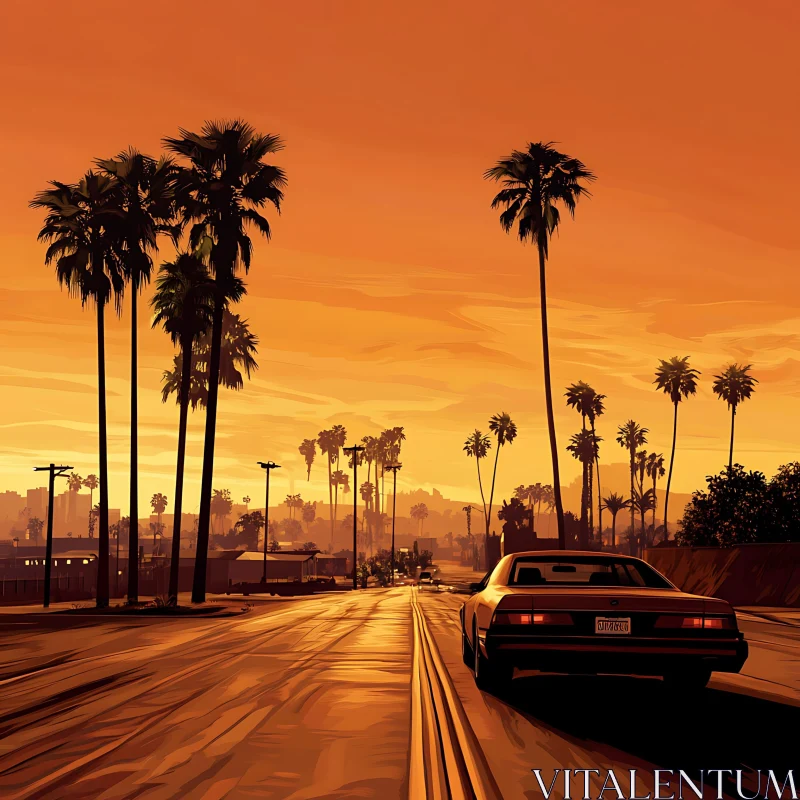 Evening Drive with Palm Trees and Sunset AI Image