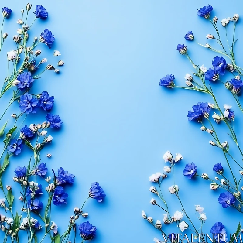 AI ART Botanical Art: Blue Blossoms on Elegant Canvas