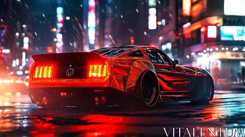 Futuristic Urban Scene with Red Sports Car AI Image