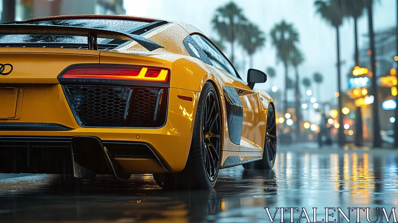 Rainy Night with a Yellow Sports Car AI Image