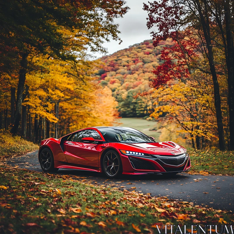 Autumn Forest with Red Sports Car AI Image