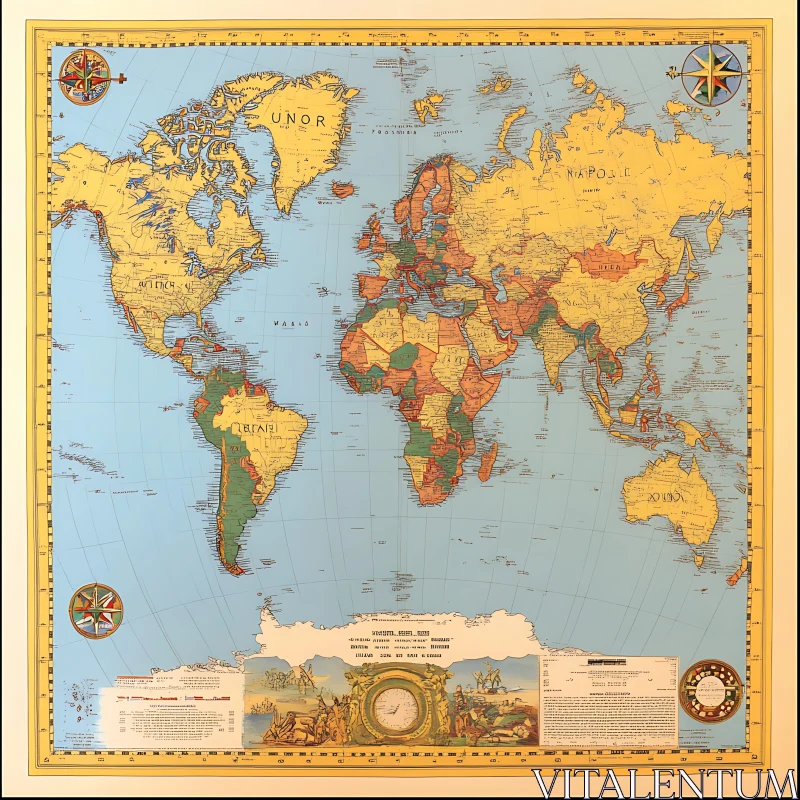 Antique World Map with Compass Roses AI Image