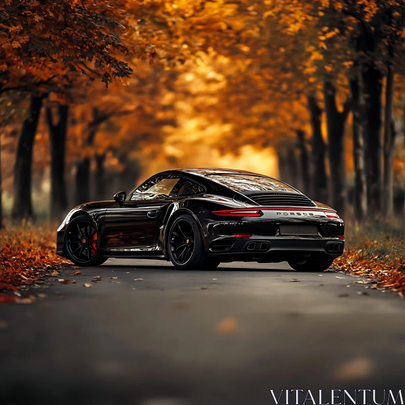 Elegant Black Sports Car in Fall Foliage AI Image