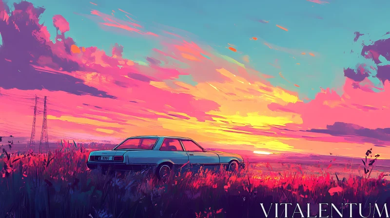 Sunset Glow Over Field and Classic Car AI Image