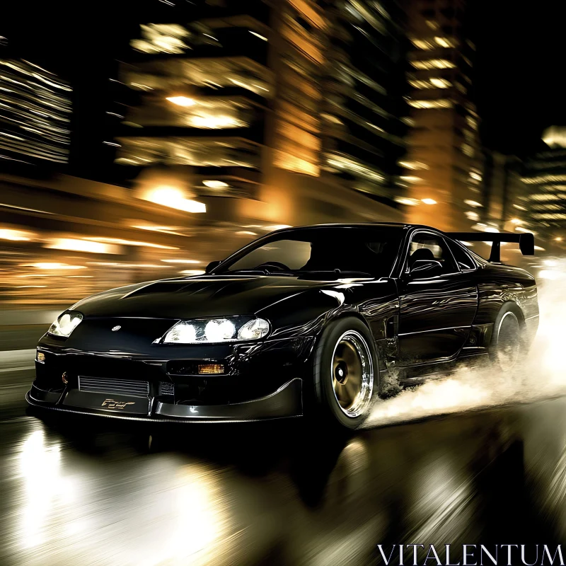 Speeding Black Sports Car in Urban Nightscape AI Image