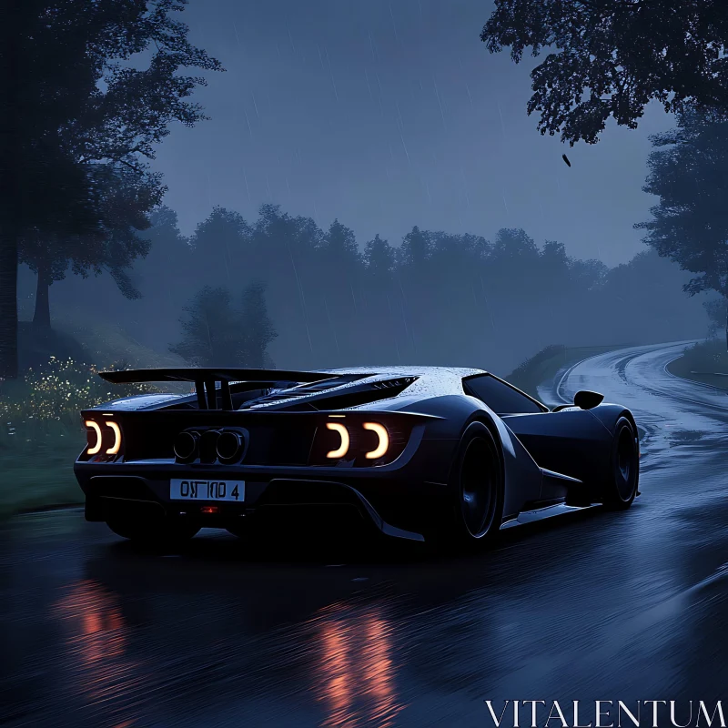 Sports Car in the Rain at Night AI Image