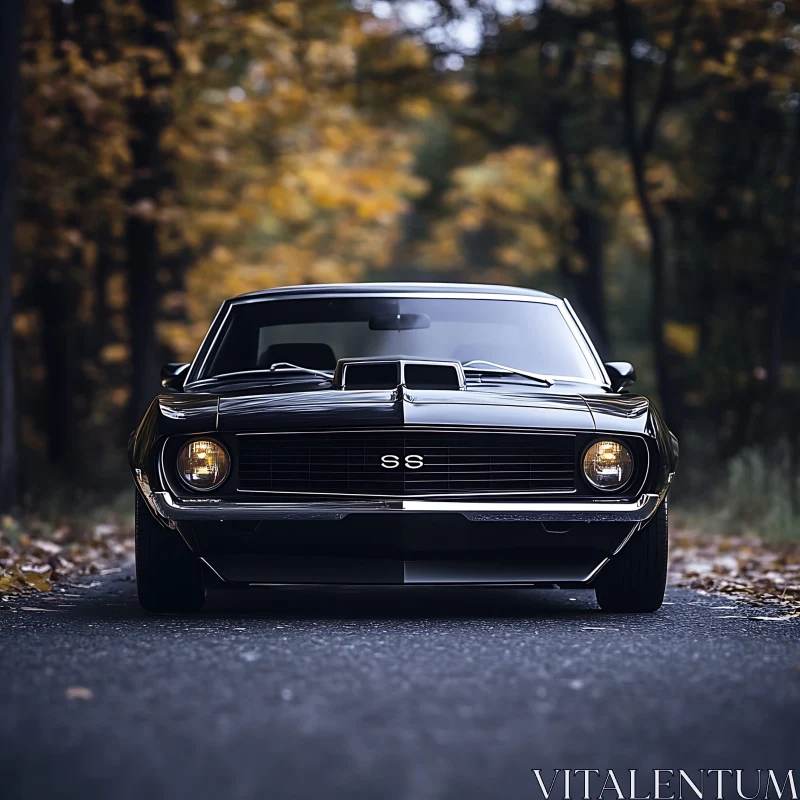 Vintage Black SS Car Amidst Autumn Leaves AI Image