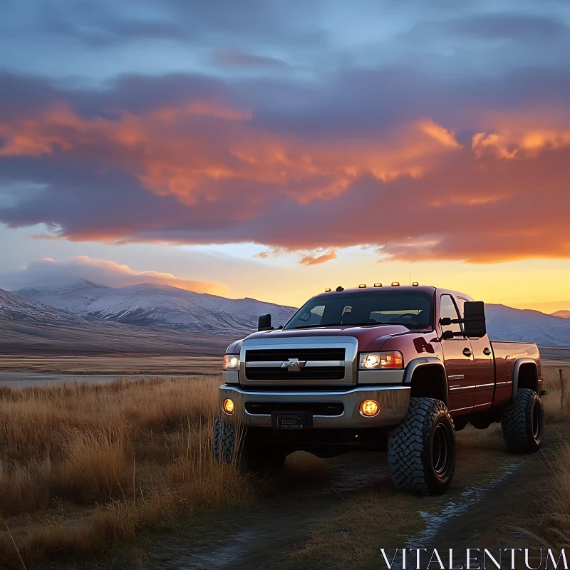 Sunset Landscape Featuring a Red Truck and Mountains AI Image