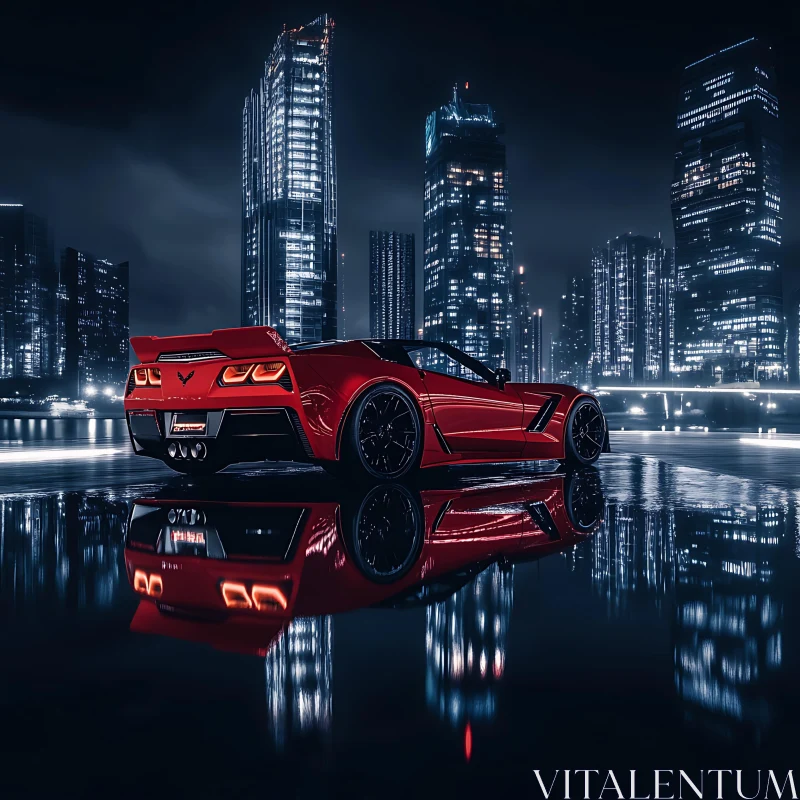 Sleek Red Car with City Lights AI Image