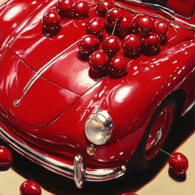 Classic Red Car with Cherries on Hood