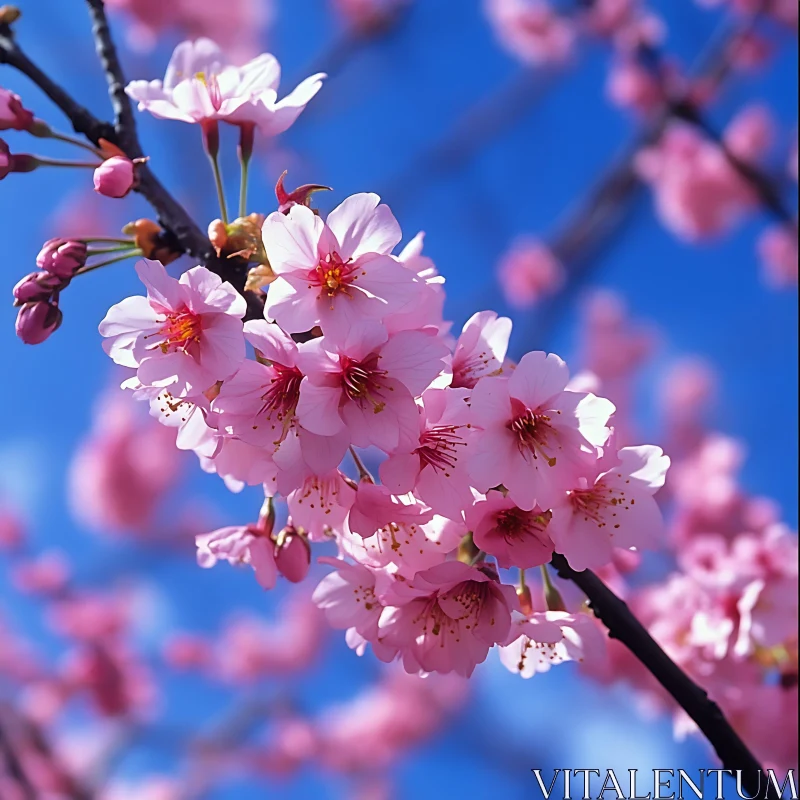 Springtime Cherry Blossoms Against Clear Sky AI Image