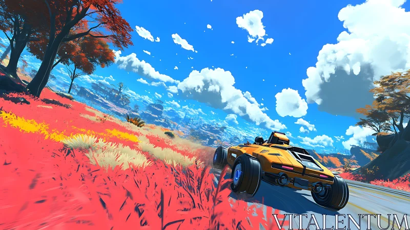 High-Speed Futuristic Car in Colorful Field AI Image