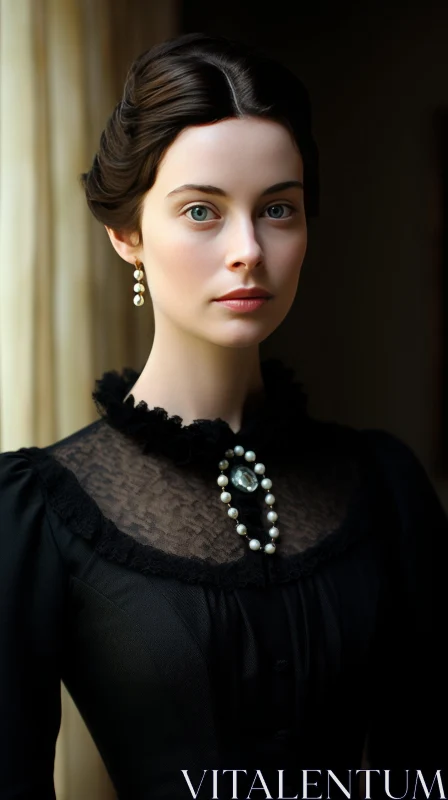 Captivating Portrait of a Woman in a Black Dress and Pearl Earrings AI Image