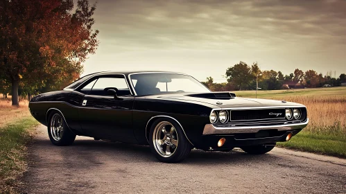 Classic Black Muscle Car on Countryside Road