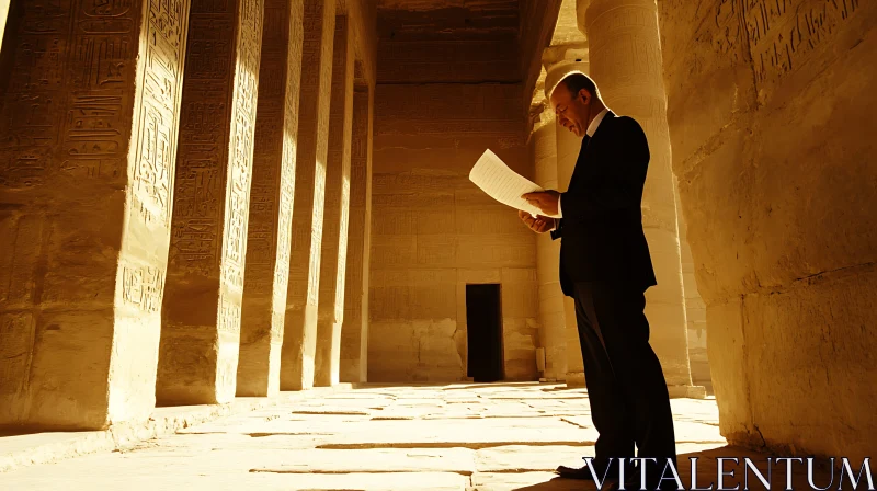 AI ART Man in Black Suit Reading in Egyptian Temple