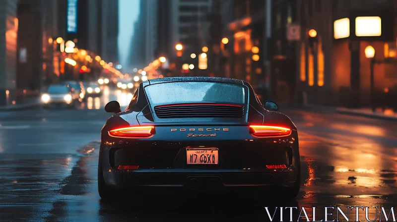 Stylish Black Porsche on an Illuminated Wet Street AI Image