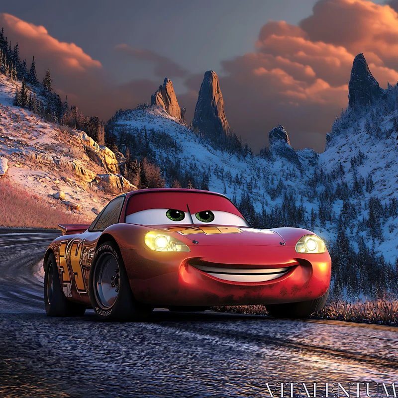 Smiling Car on a Mountain Adventure at Sunset AI Image