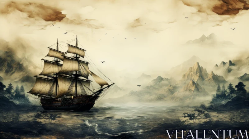 Antique Ship and Mountain Landscape with Birds - Maritime Art AI Image