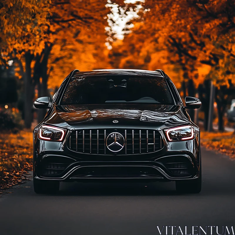 Elegant Black Vehicle Amidst Autumn Leaves AI Image