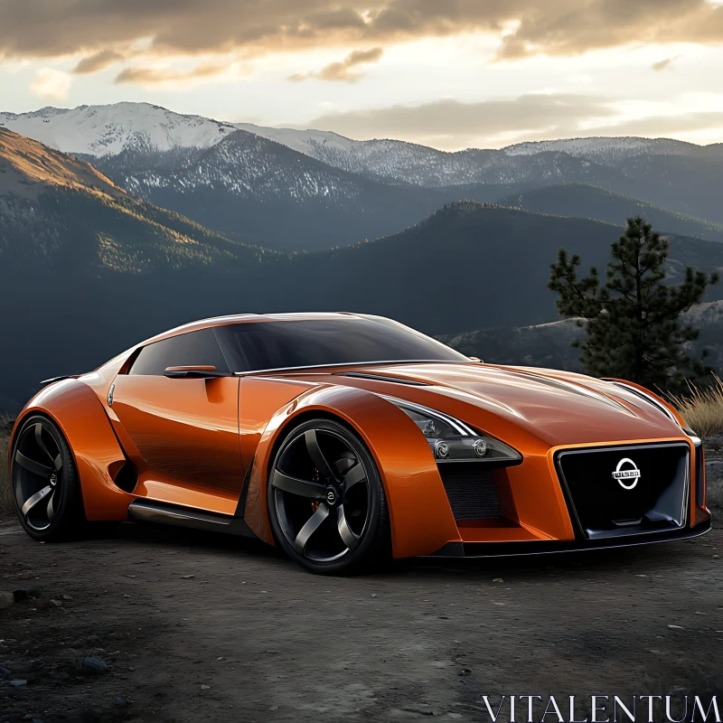 Modern Orange Car on Mountain Terrain at Sunset AI Image