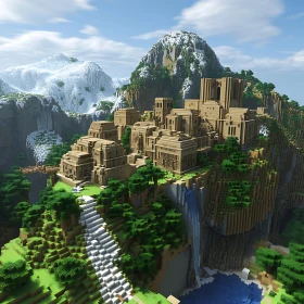 Minecraft Cliffside Village with Waterfalls and Mountain