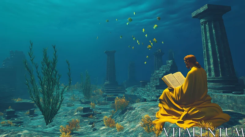 Submerged City with a Golden Robed Reader AI Image