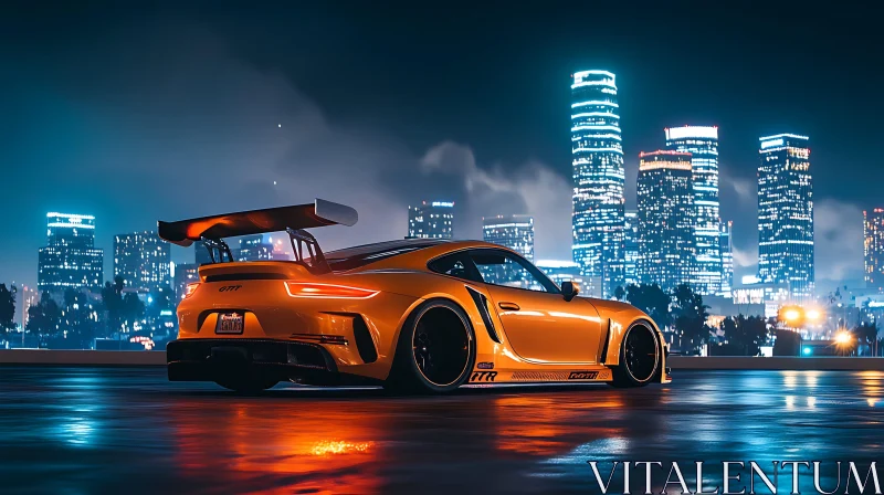 Sleek Orange Sports Car at Night AI Image