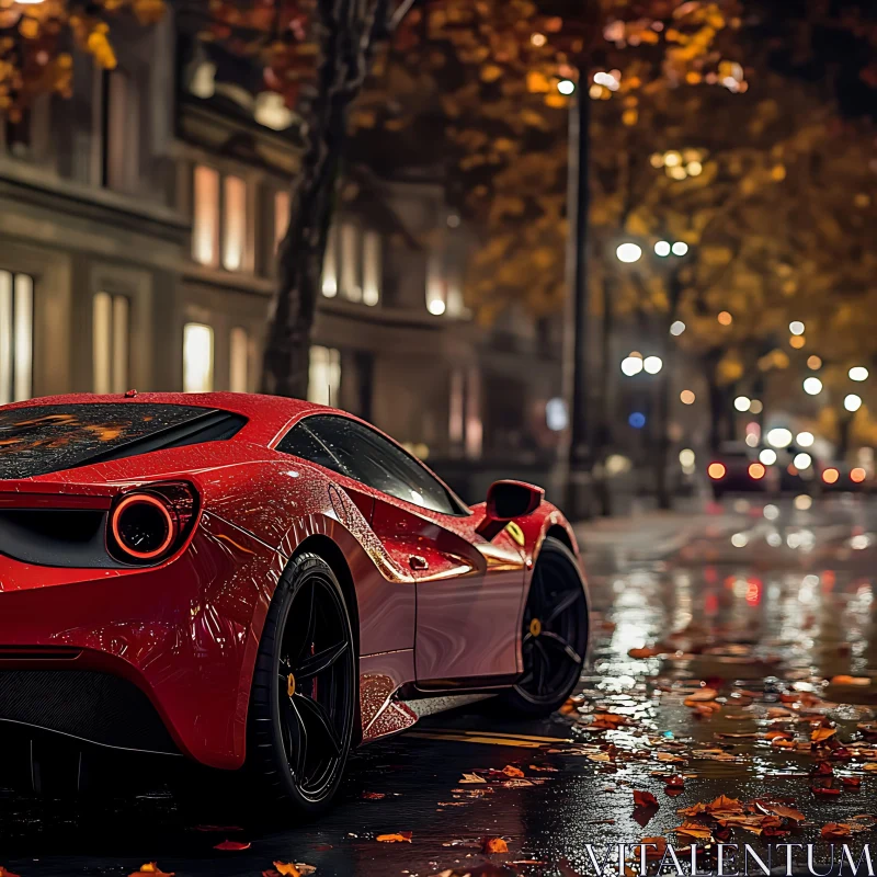 Sleek Red Car in Autumn Night AI Image