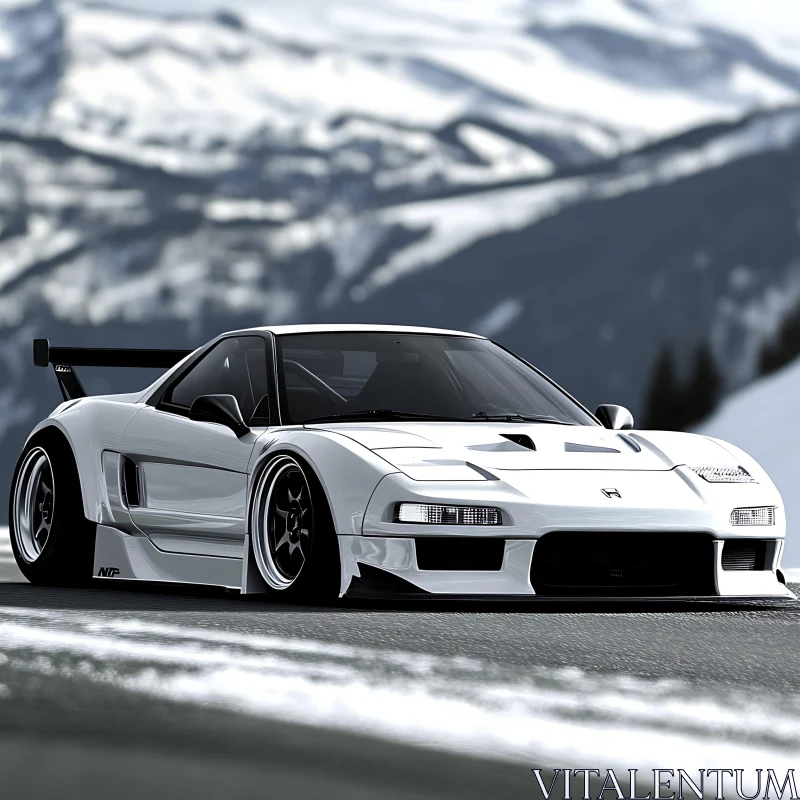 White Sports Car in Winter Wonderland AI Image