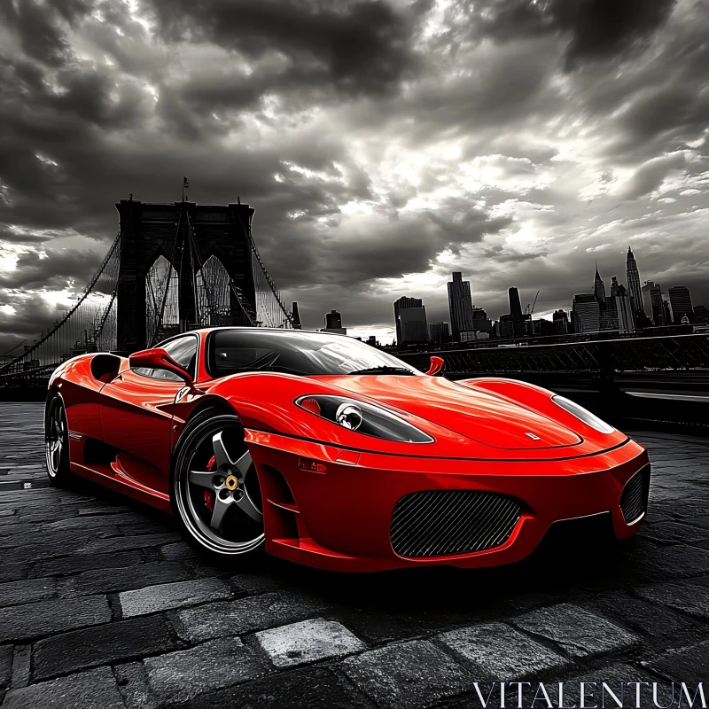 Iconic Red Car Against Dramatic Skies AI Image