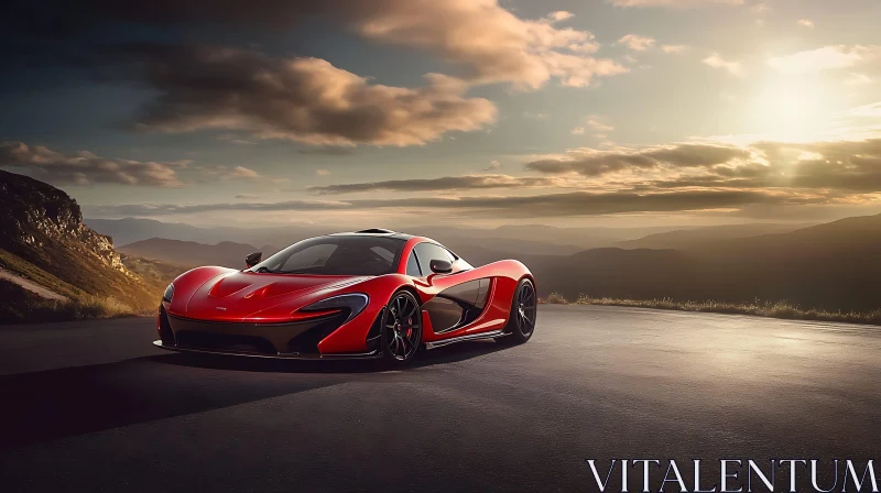 Luxury Red Sports Car with Mountain Sunset Backdrop AI Image