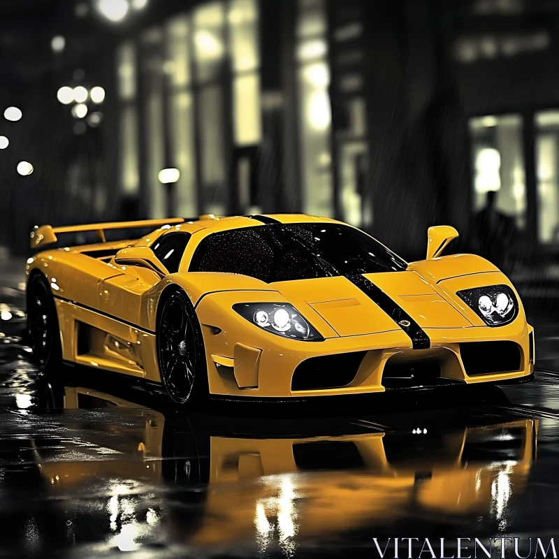 Yellow Supercar with Reflections in Rainy Night City AI Image