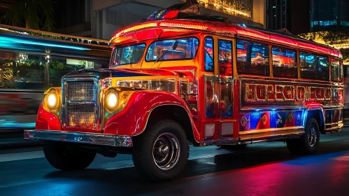 Neon-lit Vintage Bus on Night City Street