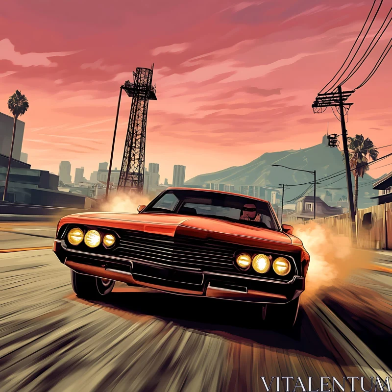 Red Muscle Car in Urban Sunset Street AI Image