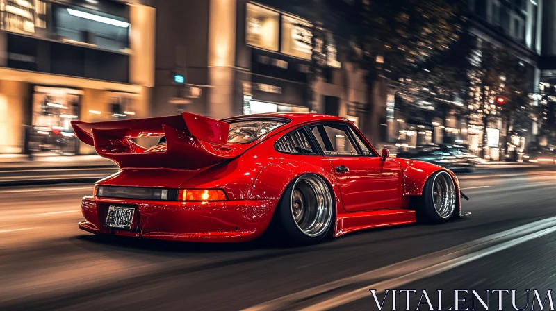 High-Speed Red Sports Car in Nighttime Urban Setting AI Image