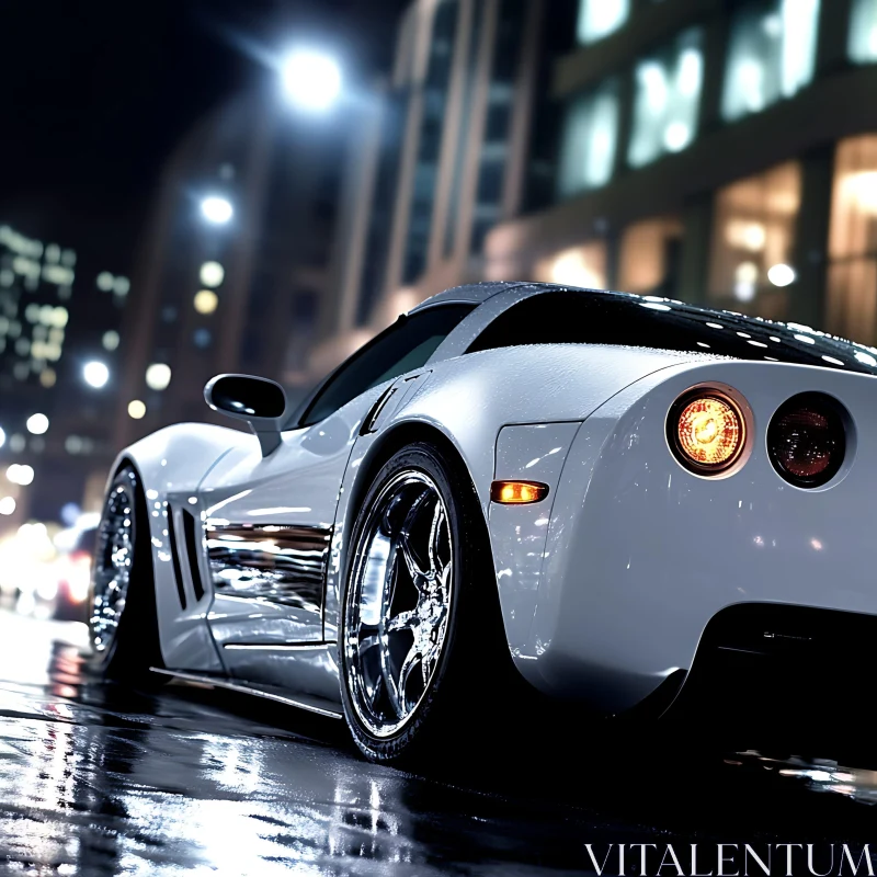 Luxury Sports Car on Wet City Streets AI Image