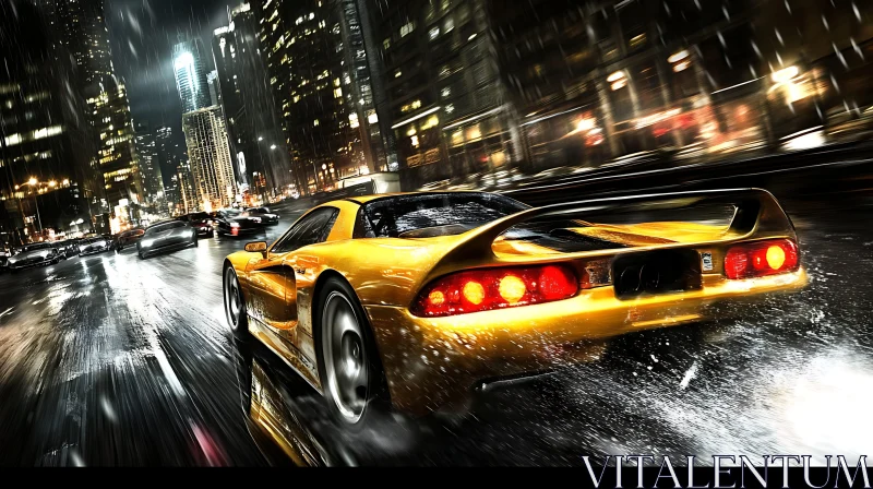 Fast Yellow Car in Rainy Urban Nightscape AI Image