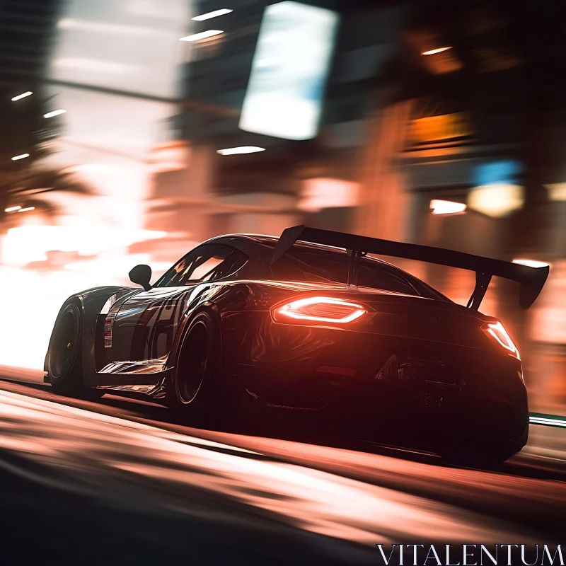 Night Racing in the City: Black Sports Car in Motion AI Image