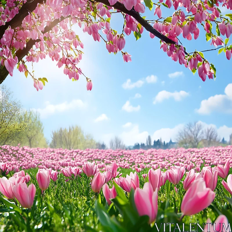 AI ART Spring Meadow with Blossoming Pink Flowers and Clear Sky