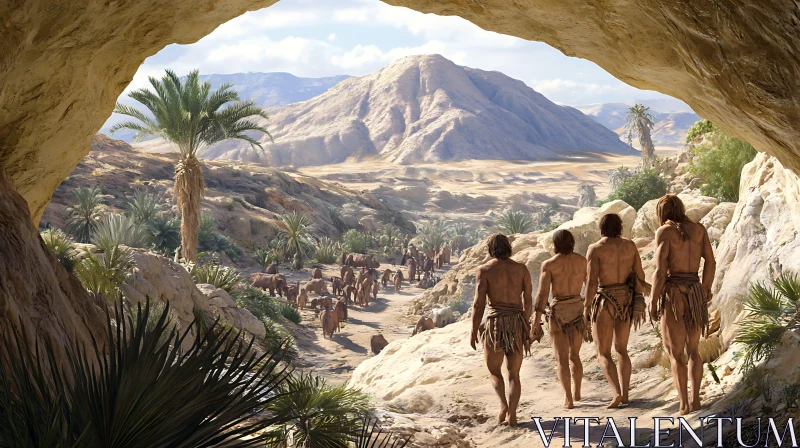 Early Humans in Desert Landscape AI Image