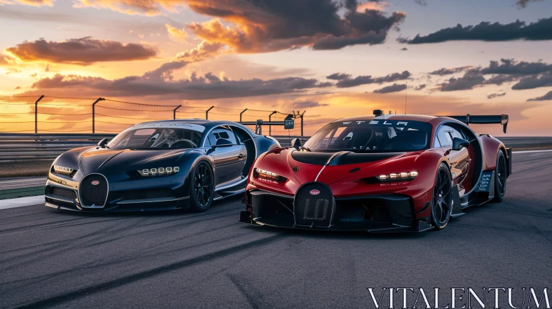 Sleek Sports Cars in Sunset Parked on Race Track AI Image