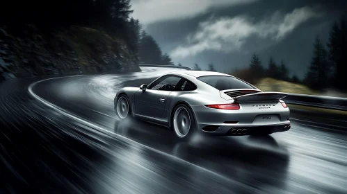 Luxury Sports Car in Action on Wet Roads