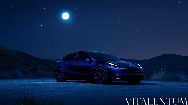 Moonlit Electric Car in a Tranquil Landscape AI Image