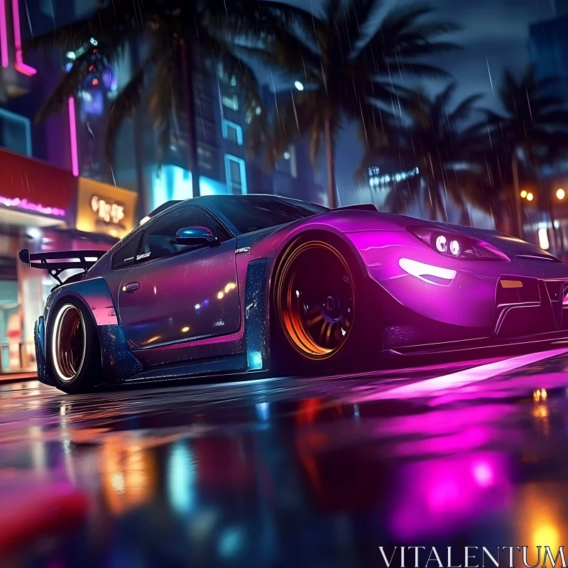 Vibrant Car Scene Under Neon Lights at Night AI Image